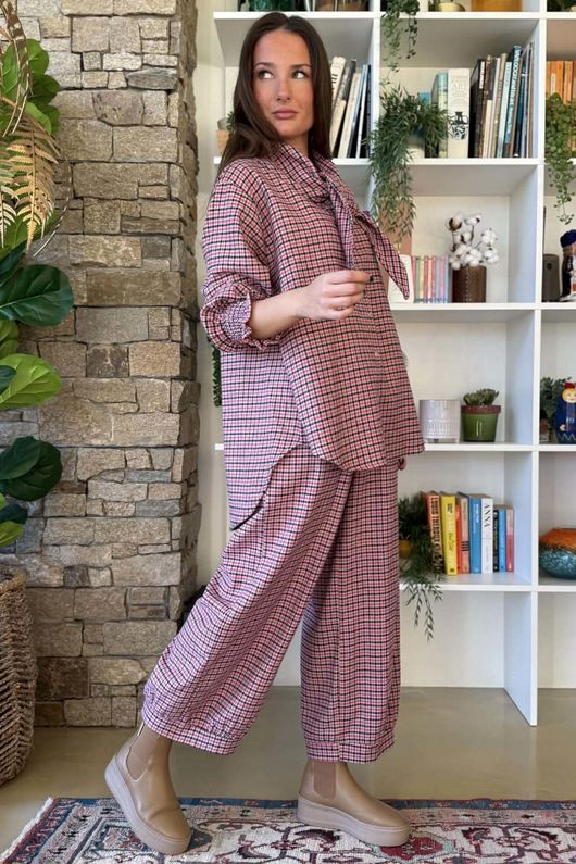 Donald Plaid Brushed Cotton Neckerchief Blouse Pink